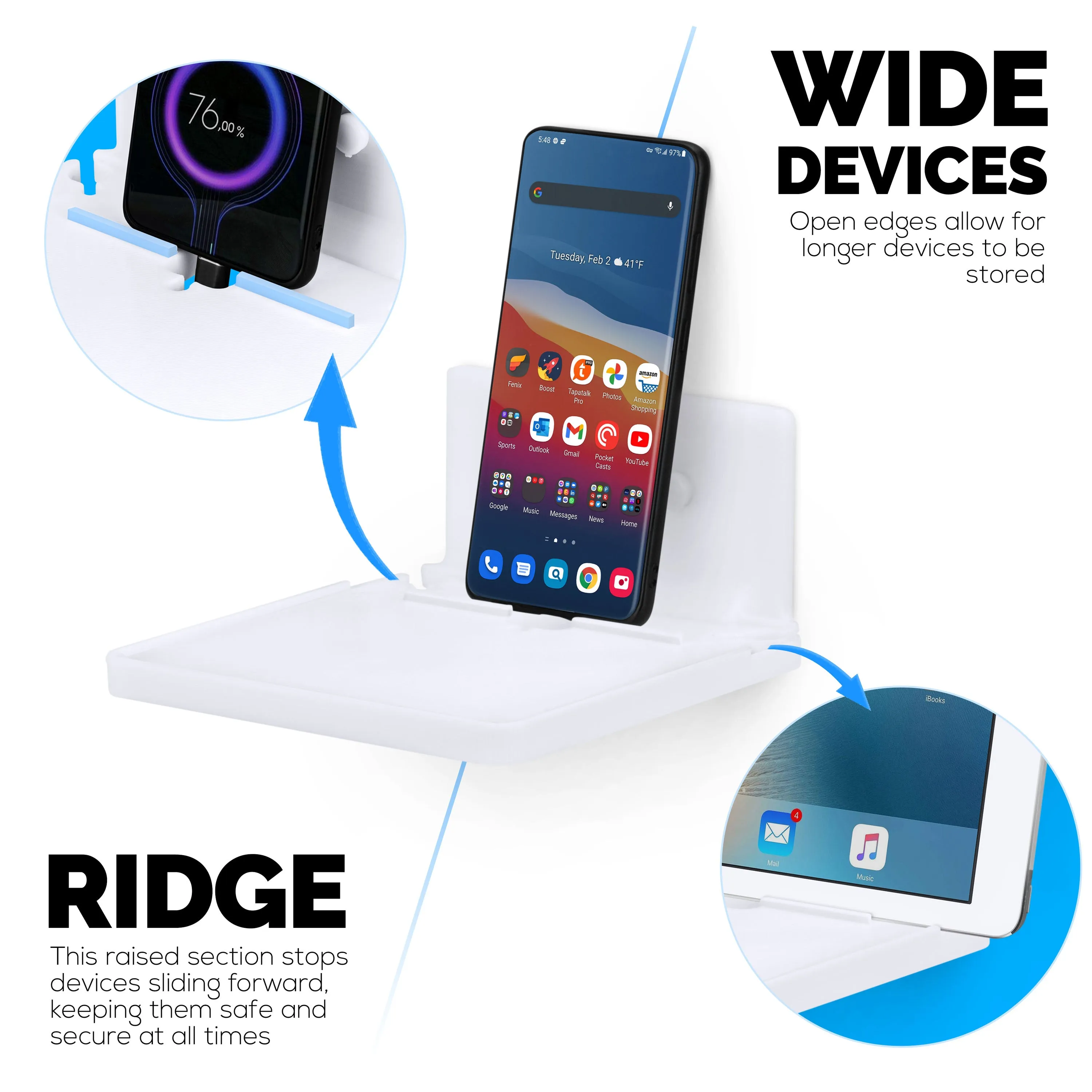 6.5" Floating Shelf with Tablet & Phone Wall Mount Holder ideal for Bedside, Kitchens, Bathrooms, Can also Hold Books, Plants, Cameras & Speakers