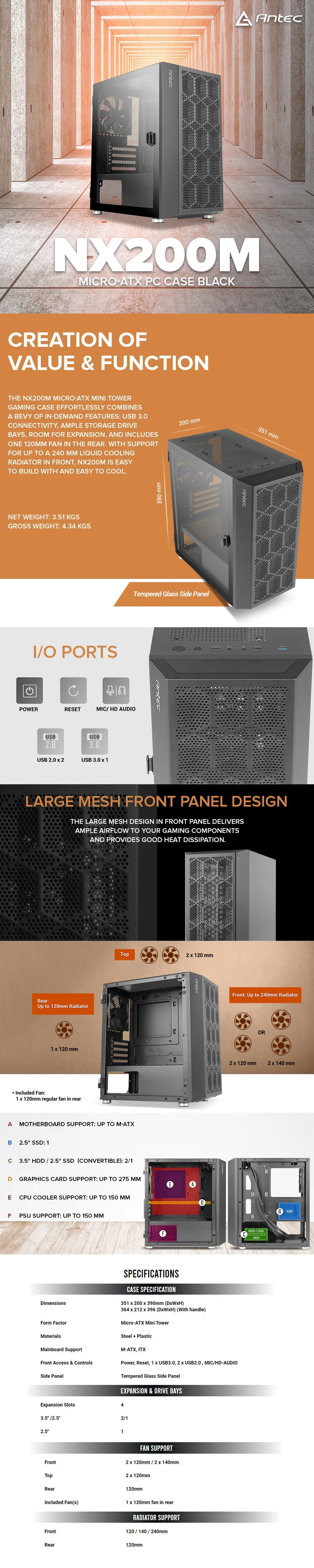 Antec NX200M Micro-ATX Black Large Mesh Front Panel Design Support up to 5 Fans Gaming PC Case