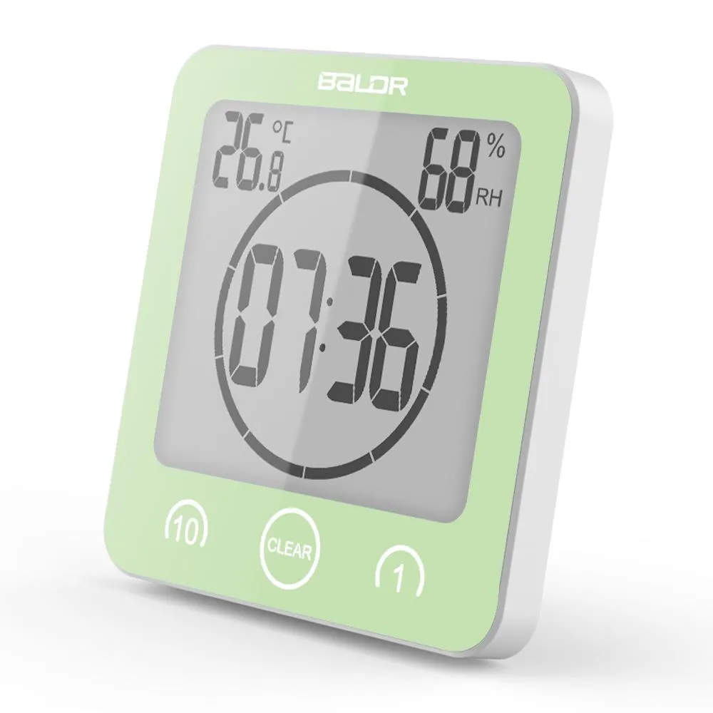 BALDR Waterproof Shower Clock with Timer for Bathroom - Wall Mounted LCD Clock Displays Time, Temperature & Indoor Relative Humidity