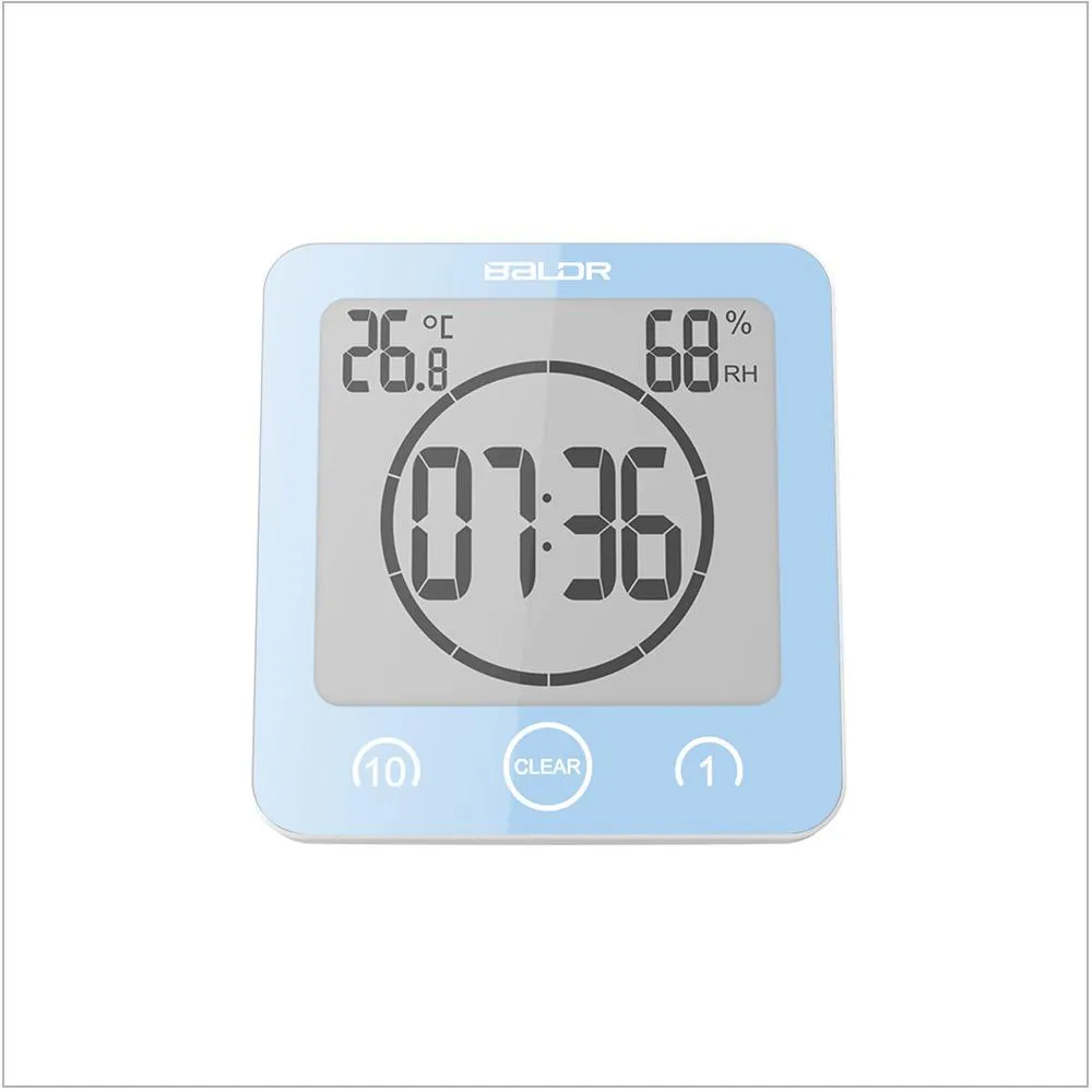 BALDR Waterproof Shower Clock with Timer for Bathroom - Wall Mounted LCD Clock Displays Time, Temperature & Indoor Relative Humidity