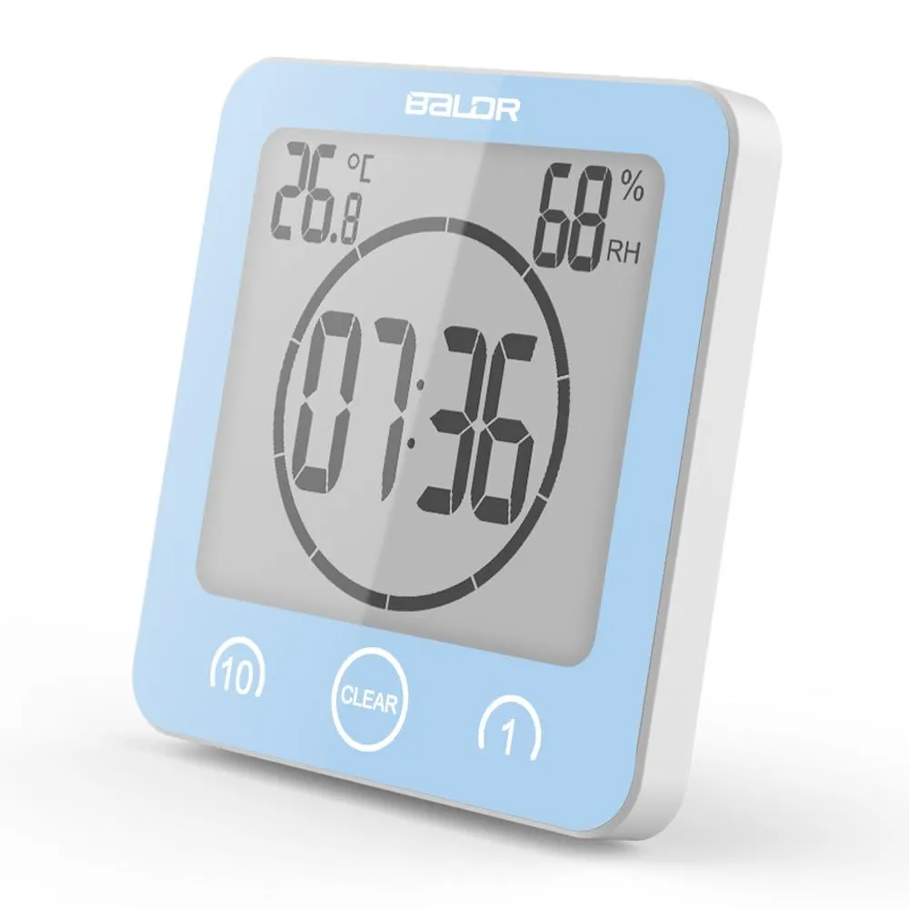 BALDR Waterproof Shower Clock with Timer for Bathroom - Wall Mounted LCD Clock Displays Time, Temperature & Indoor Relative Humidity