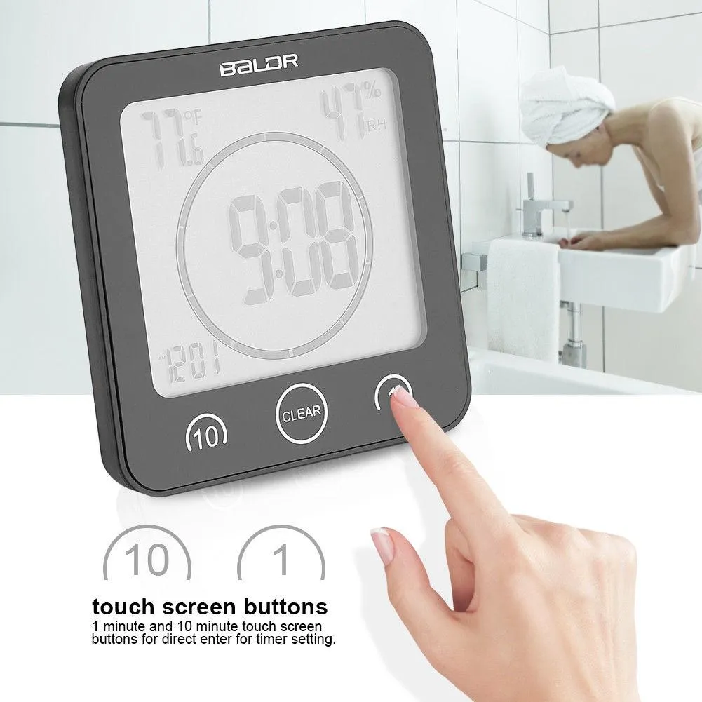 BALDR Waterproof Shower Clock with Timer for Bathroom - Wall Mounted LCD Clock Displays Time, Temperature & Indoor Relative Humidity