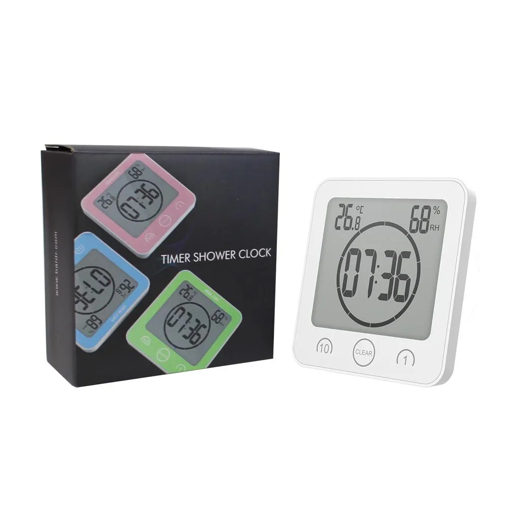 BALDR Waterproof Shower Clock with Timer for Bathroom - Wall Mounted LCD Clock Displays Time, Temperature & Indoor Relative Humidity