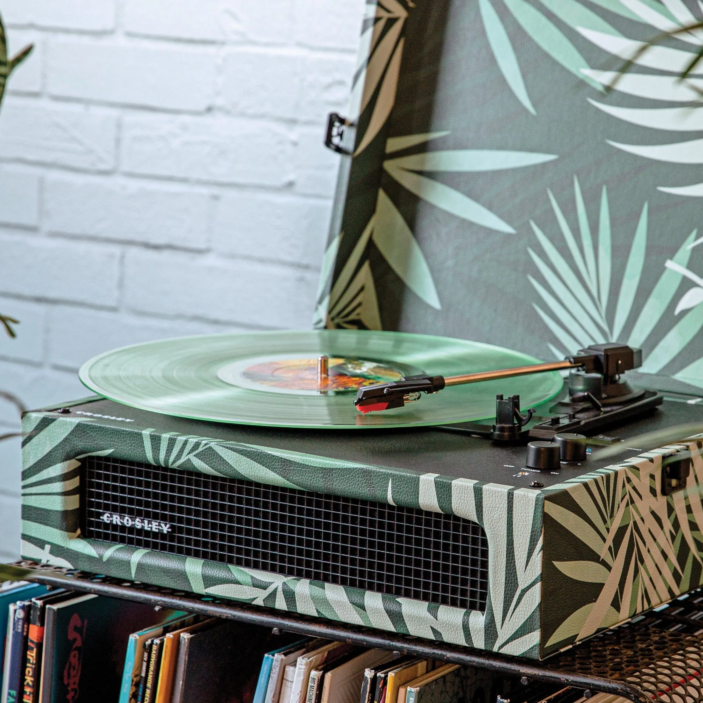 Crosley Voyager Bluetooth Portable Turntable - Botanical   Bundled Crosley Record Storage Display Stand