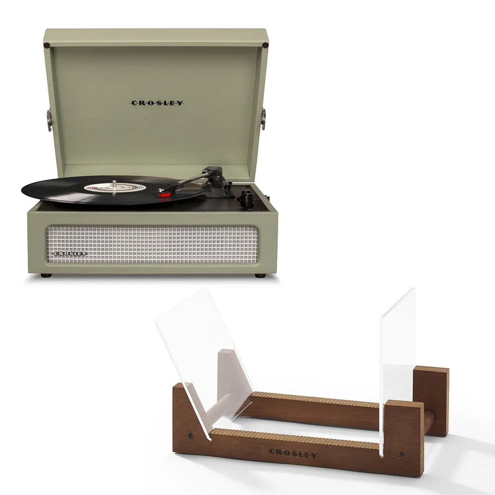 Crosley Voyager Bluetooth Portable Turntable - Sage   Bundled Crosley Record Storage Display Stand