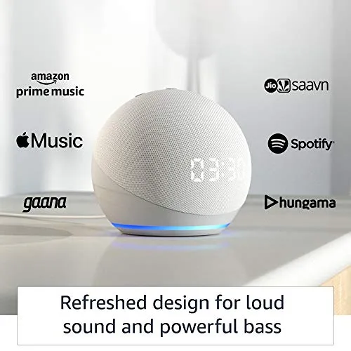 Echo Dot (4th Gen, 2020 release) with clock | Next generation smart speaker with powerful bass, LED display and Alexa (White)