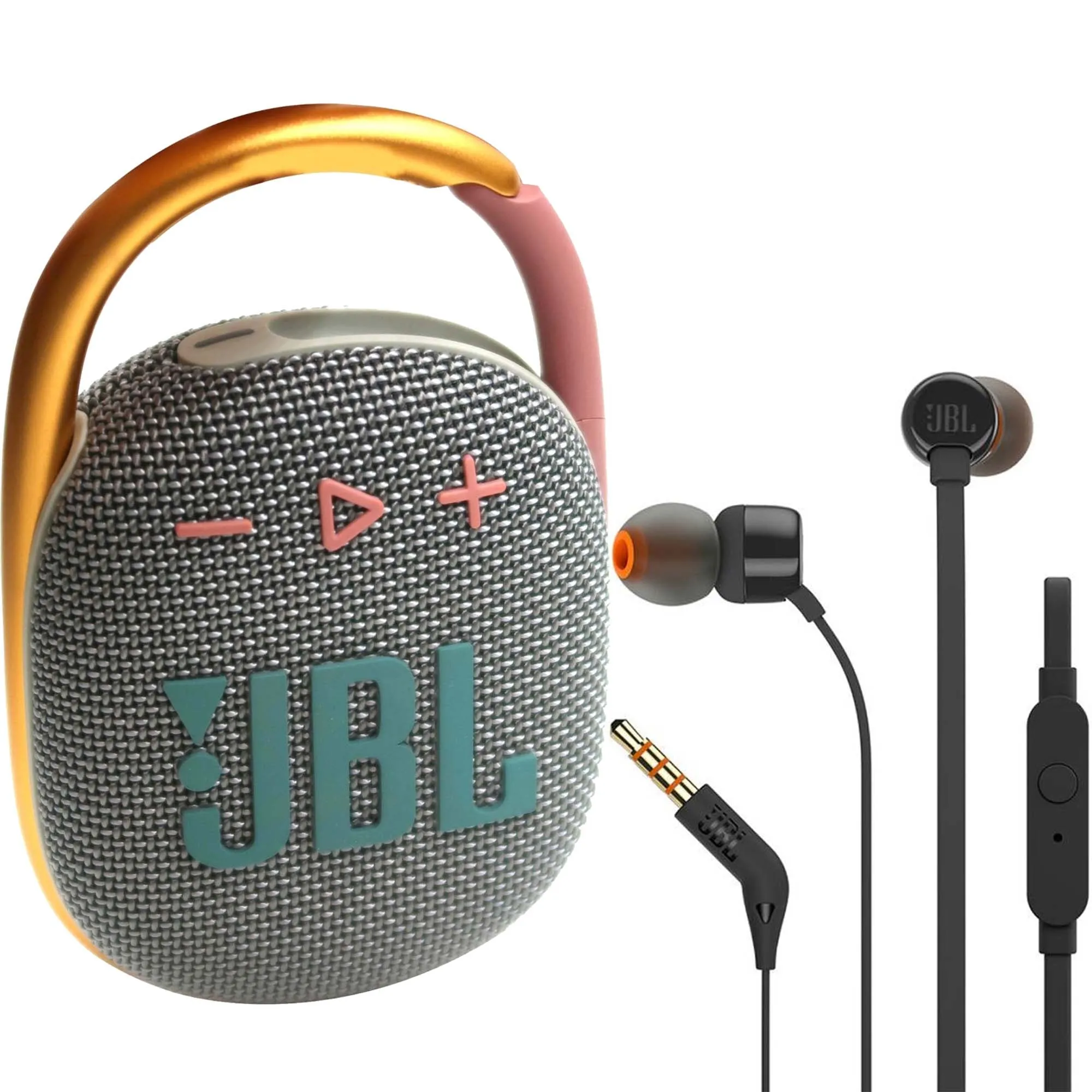 JBL Clip 4 Portable Bluetooth Speaker (Gray) and JBL T110 in Ear Headphones Black