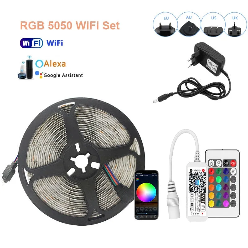 LED Strip Light RGB 5050 2835 Flexible Ribbon WiFi Bluetooth 12V led strip 20M 5M 10M 15M Waterproof Tape Diode Control Adapter