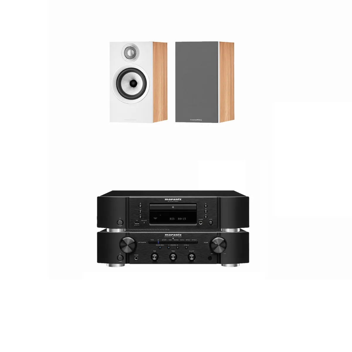 Marantz PM6007 Integrated Amp & CD6007 CD Player Black with Bowers & Wilkins 607 S3 Speakers Oak