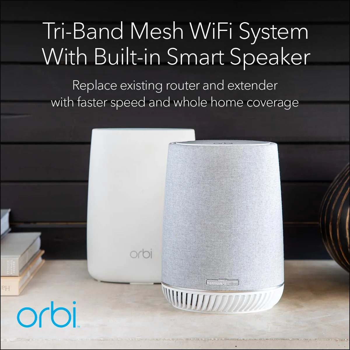 NETGEAR Orbi Tri-band Whole Home Mesh Wi-Fi System with Built-in Smart Speaker and 3Gbps Speed (RBK50V) - Router Replacement Covers Up to 4,500 sq ft, Pack of 2 with 1 Router & 1 Satellite/Speaker