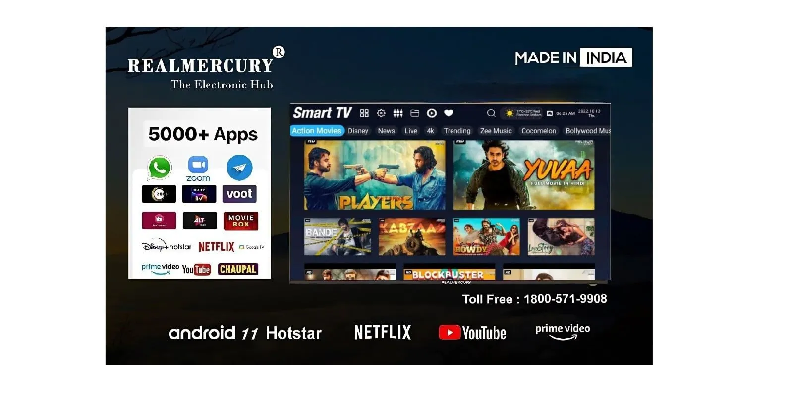 REALMERCURY 32 Inch 4K Ultra Full HD Android 11 with Voice Control Remot| Black | 220V | BTVEDR | 1920 * 1080 Pixel | A  Grade IPS Panel (First Time India)