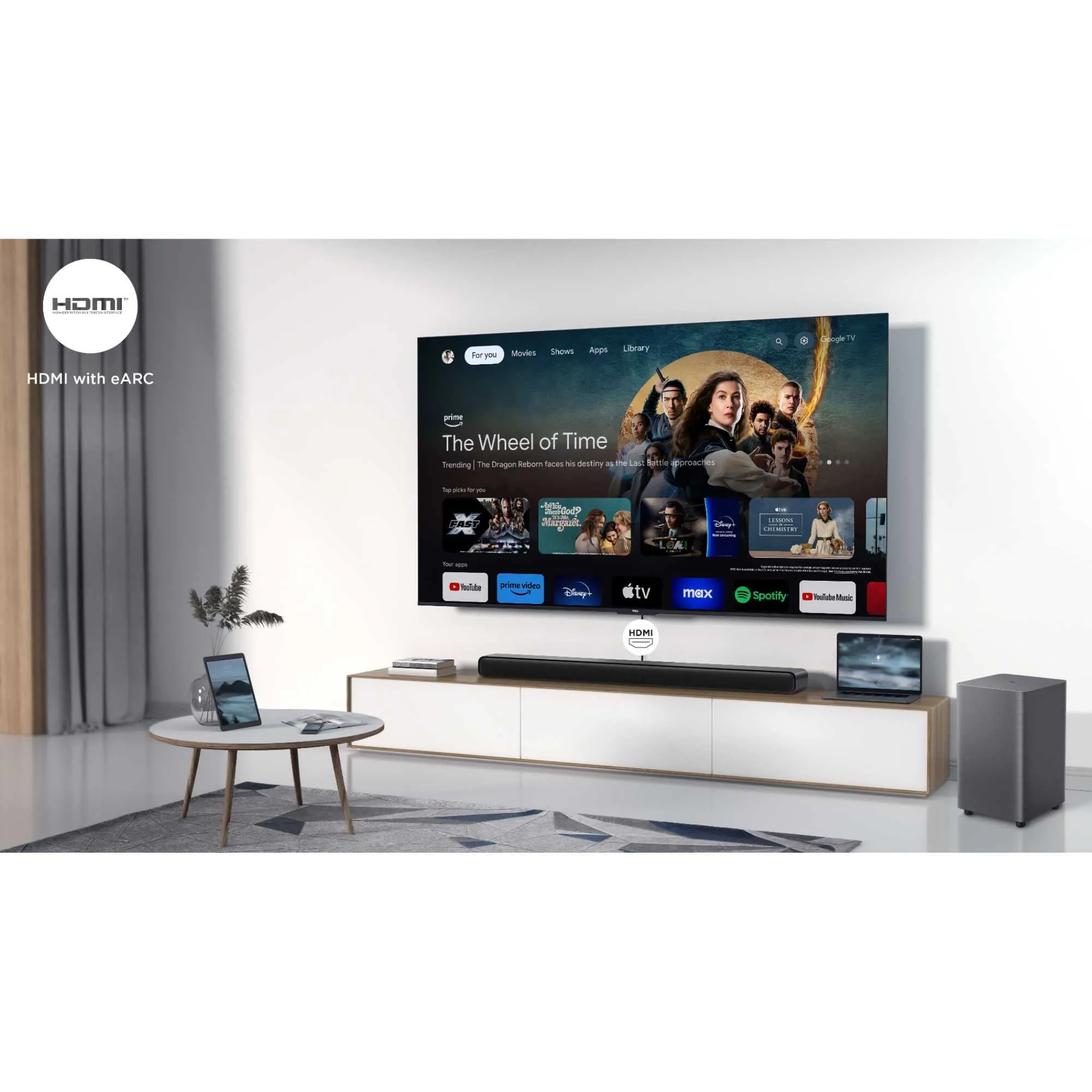 TCL 65C855K 65 Inch C855K 4K UHD HDR QLED Mini LED Smart Google TV and S55H 2.1ch Dolby Atmos Soundbar with Wireless Subwoofer Bundle 2024